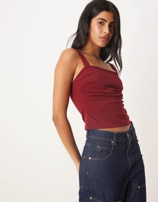 Asos Design Pleat Detail Square Neck Top In Brown