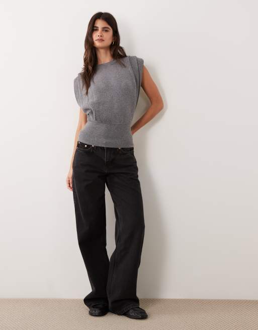 ASOS DESIGN pleat front detail knitted tank in charcoal, 3 of 4