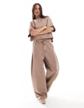 [ASOS DESIGN] ASOS DESIGN pleat front horse shoe pull-on ankle pants in washed mink (Part of a set)-Brown 8 Mink