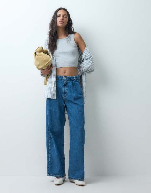 ASOS DESIGN pleat front horseshoe jeans in mid wash blue, 5 of 5