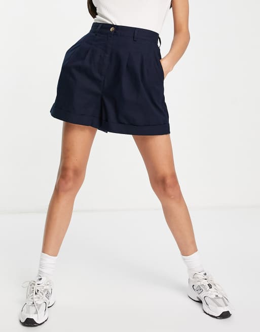 ASOS DESIGN pleat front linen wide-legged short in navy