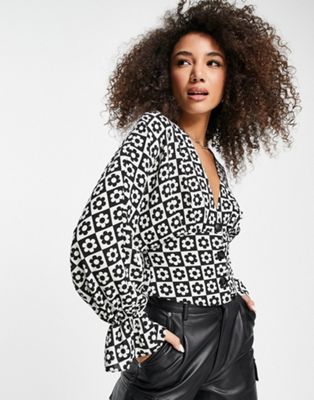 ASOS DESIGN pleat front long sleeve blouse with button front in flower mono check