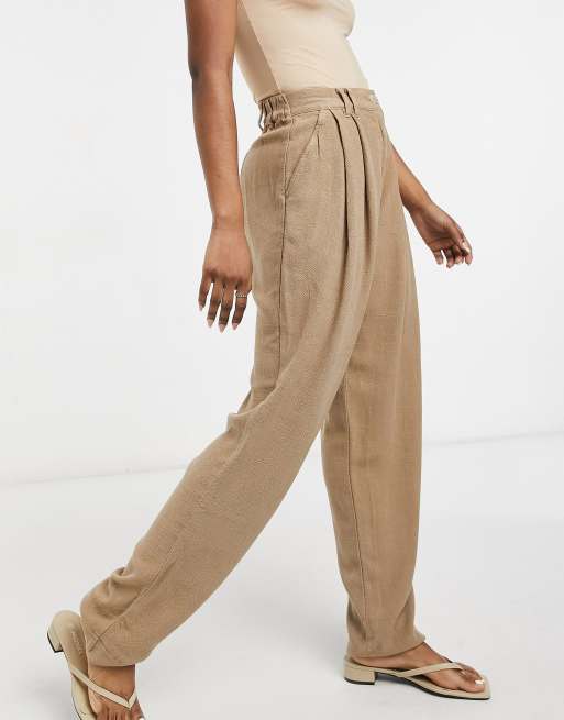 Buy Brown Relaxed Tapered Linen Blend Pleated Front Trousers from