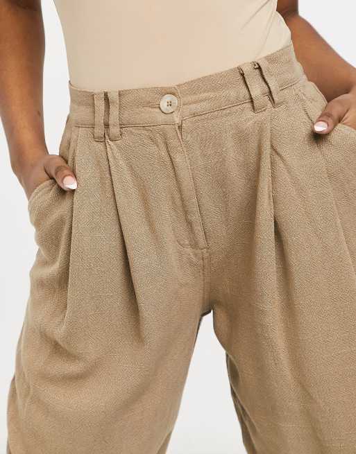 ASOS DESIGN pleat front relaxed linen trouser in tan, 3 of 4