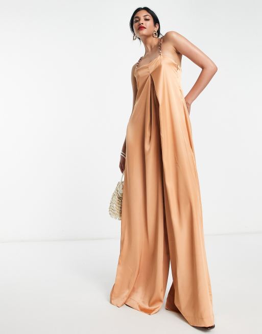 Champagne Satin Bandeau Pleat Detail Tie Side Jumpsuit