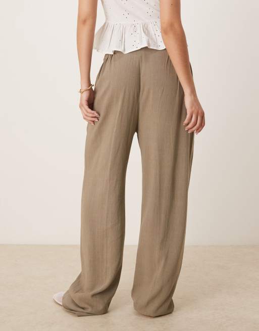 ASOS DESIGN pleat front tapered pants with linen in khaki