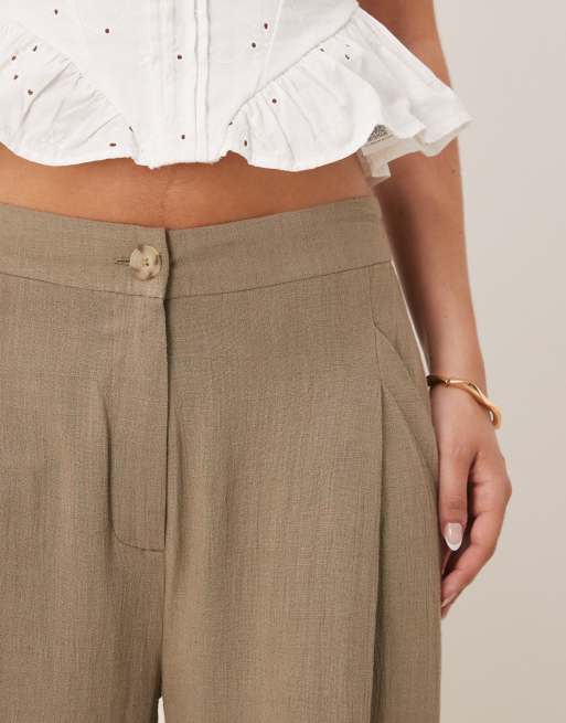 ASOS DESIGN pleat front tapered pants with linen in khaki