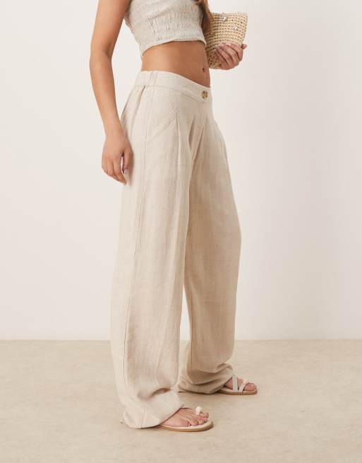 ASOS DESIGN pleat front tapered pants with linen in stone