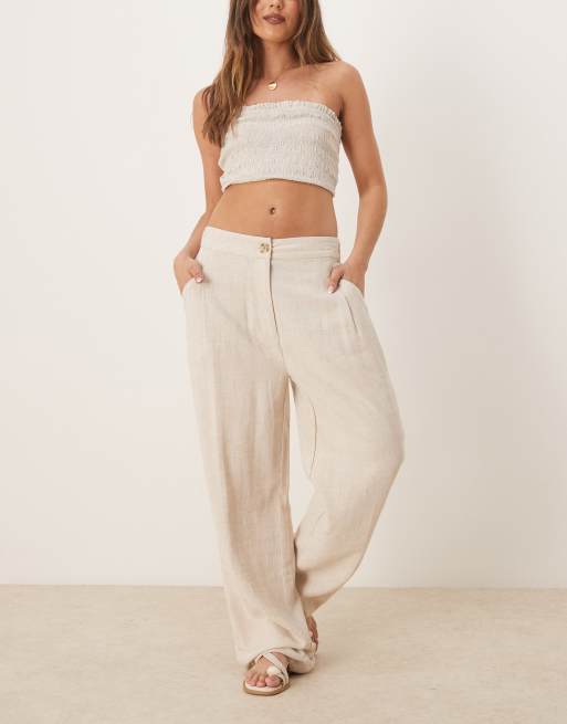 ASOS DESIGN pleat front tapered pants with linen in stone