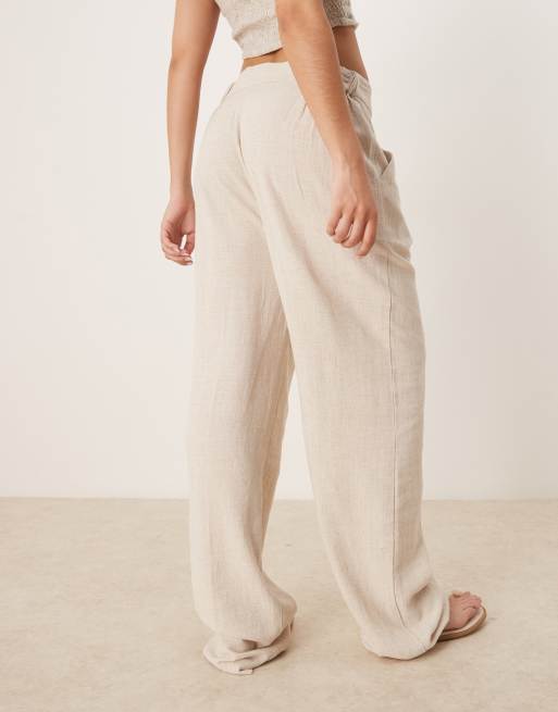 ASOS DESIGN pleat front tapered pants with linen in stone