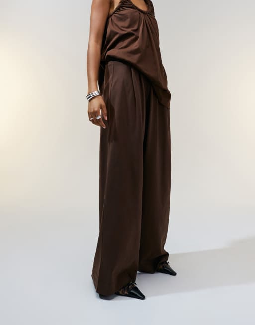 ASOS DESIGN pleat front wide leg heavyweight pants in chocolate - part of a set, 2 of 5