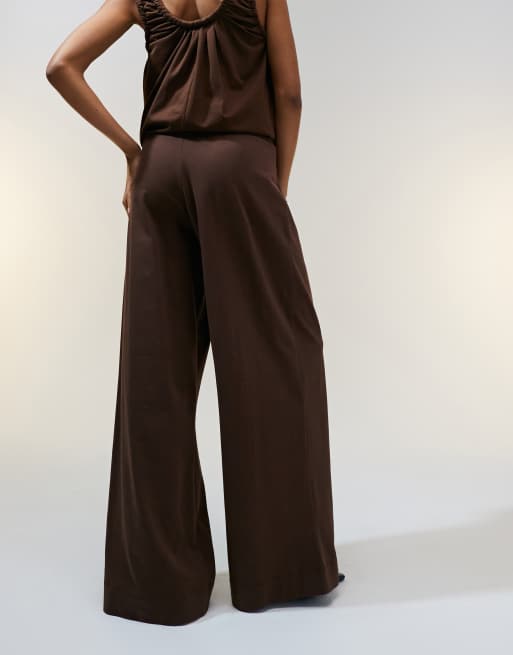 ASOS DESIGN pleat front wide leg heavyweight pants in chocolate - part of a set