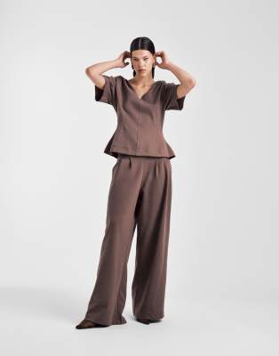 Asos Design Pleat Front Wide Leg Pants In Brown