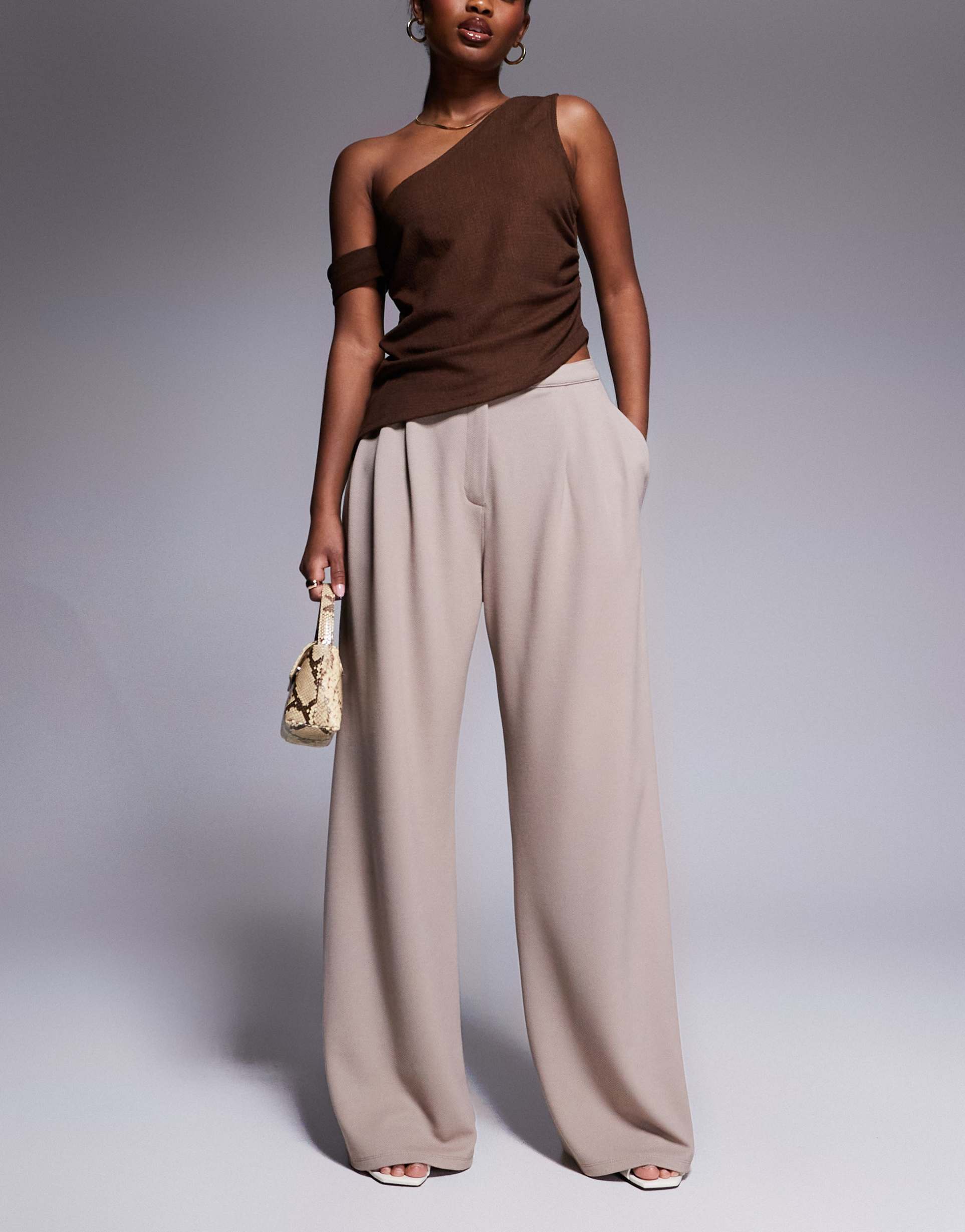 asos design pleat front wide leg pants in stone