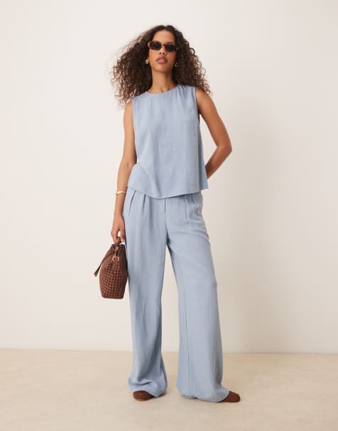 ASOS DESIGN pleat front wide leg trousers with linen co-ord in blue 