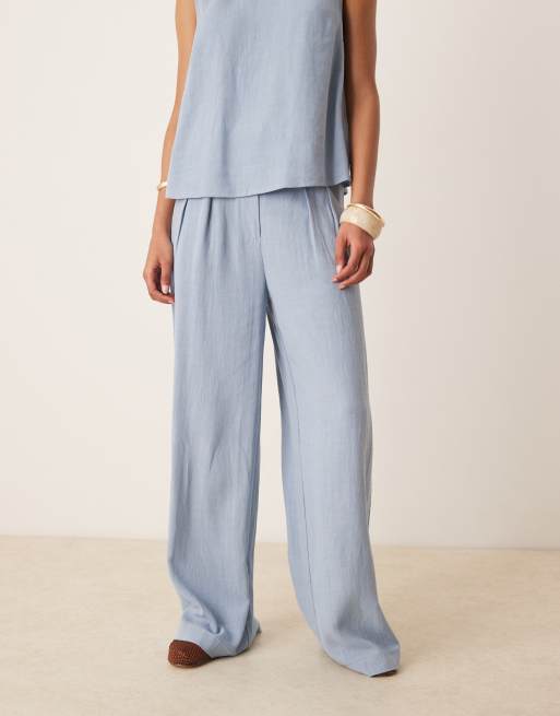 ASOS DESIGN pleat front wide leg trousers with linen co-ord in blue , 4 of 4