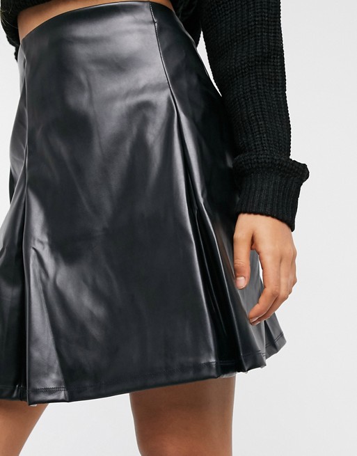 ASOS DESIGN pleat leather look mini skirt in black