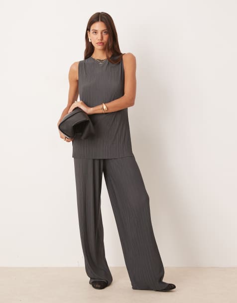 ASOS DESIGN pleat mesh longline sleeveless top and straight leg pants set in charcoal - view 1