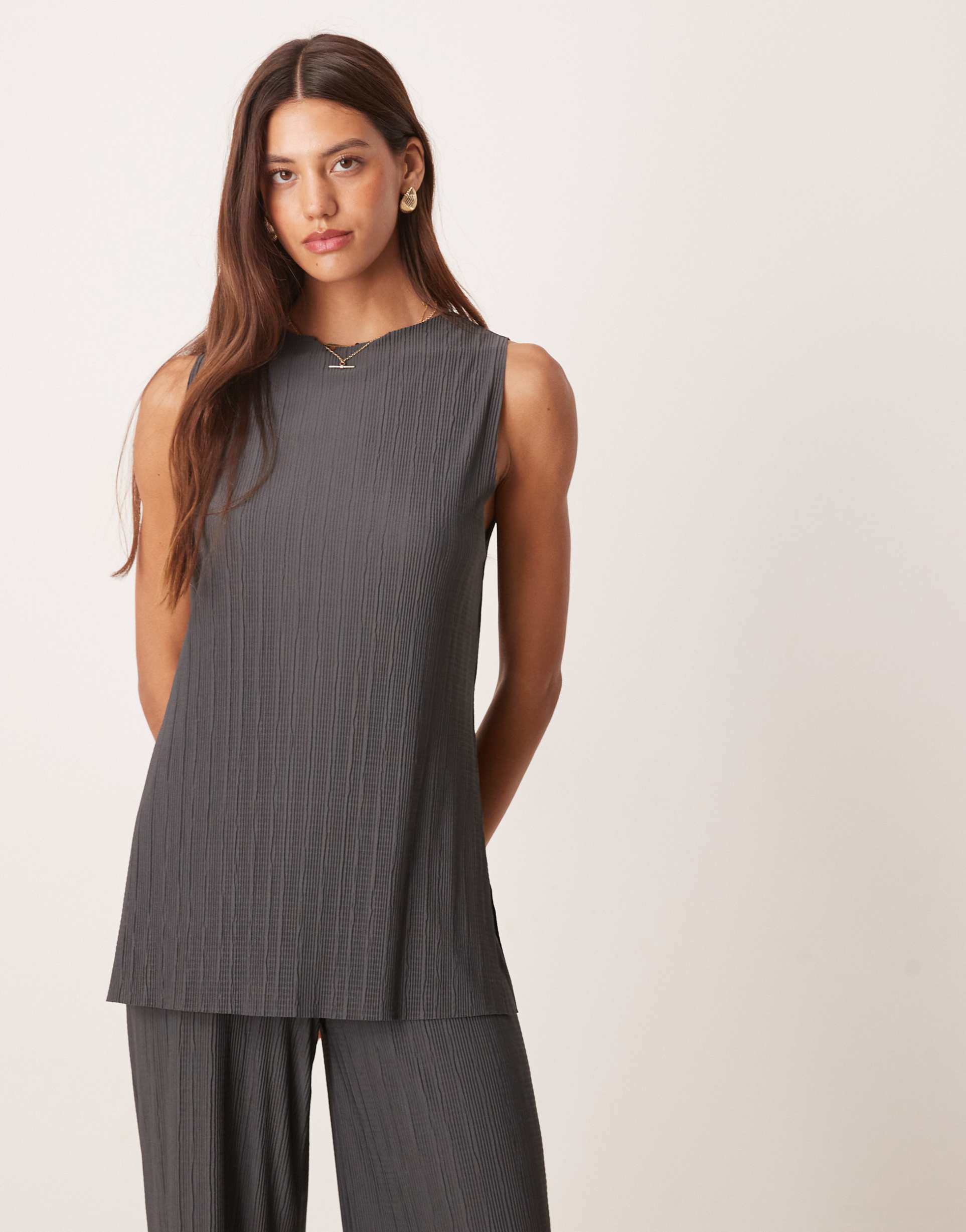 asos design pleat mesh longline sleeveless top in charcoal - part of a set