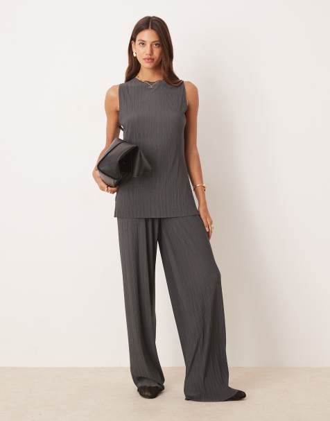 ASOS DESIGN pleat mesh straight leg pants in charcoal - part of a set - view 1