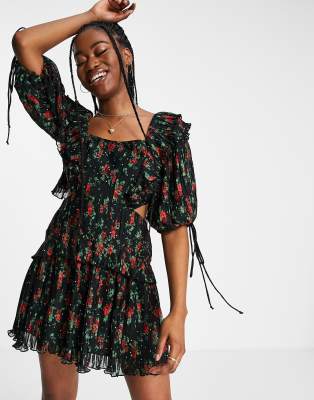 Asos Design Pleat Mini Dress With Ruffle And Tie Detail In Rose Floral Print-multi In Multi