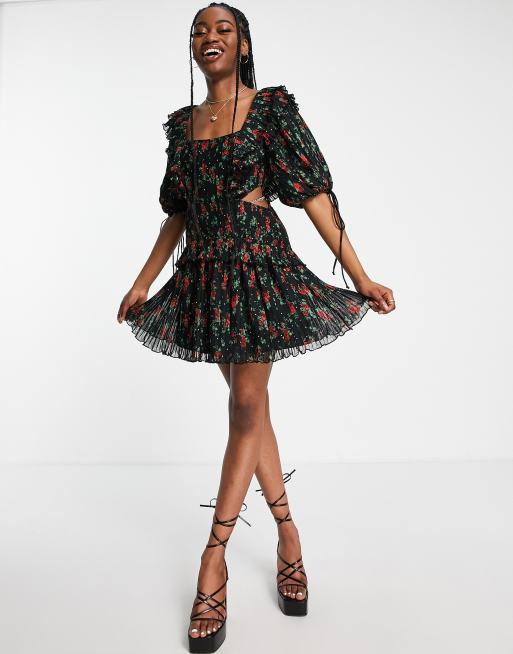 Free People floral mesh overlay skater dress in black