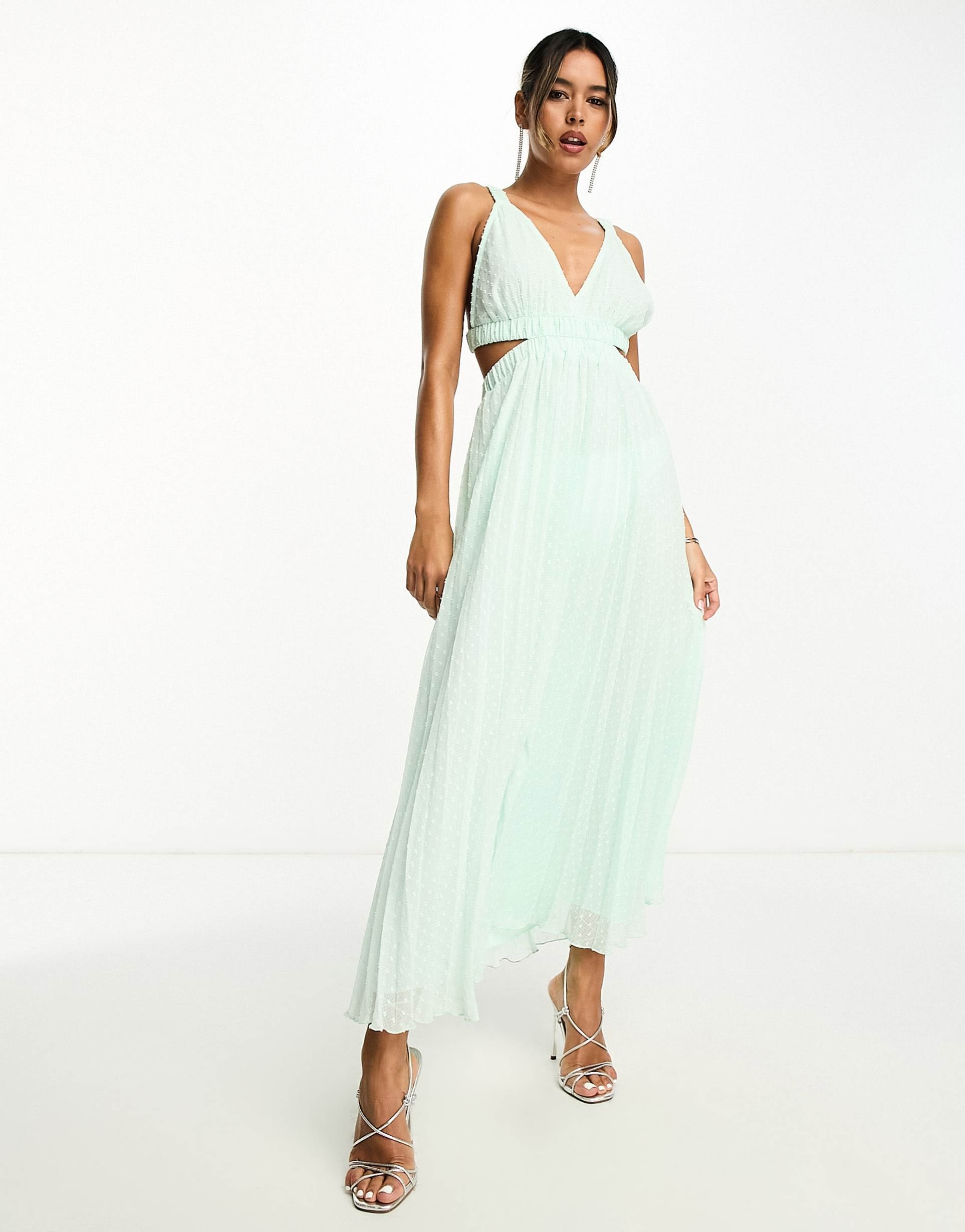 asos design pleat plunge neck midi dress with elastic straps and back in apple green