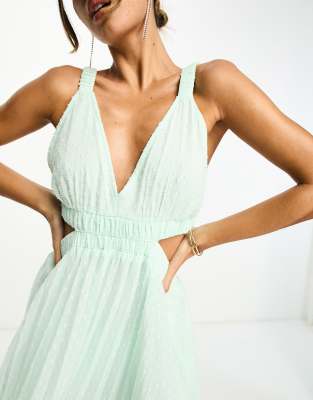 ASOS DESIGN pleat plunge neck midi dress with elasticated straps and back  in apple green