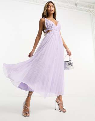 Asos Design Pleat Plunge Neck Midi Dress With Elasticated Straps And Back In Lilac-purple