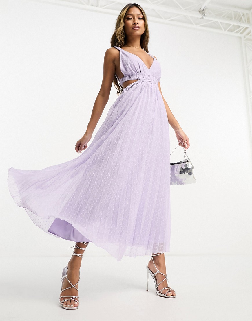 ASOS DESIGN pleat plunge neck midi dress with elasticated straps and back in lilac-Purple