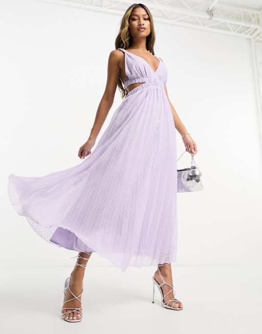 ASOS DESIGN pleat plunge neck midi dress with elasticated straps and back in lilac