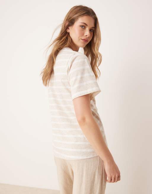 ASOS DESIGN pleat tuck detail T-shirt in neutral stripe, 2 of 4