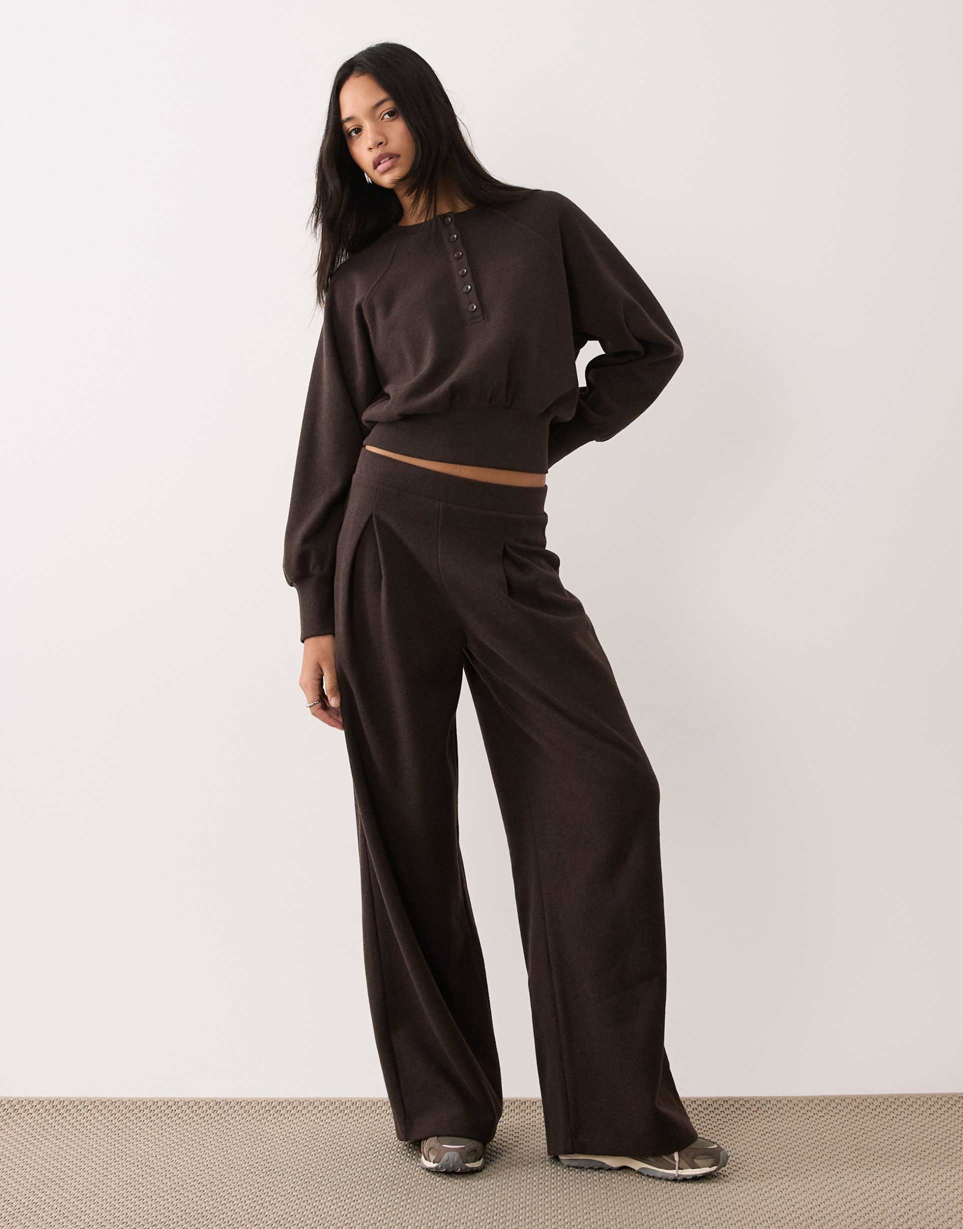 asos design pleat wide leg pants in brown - part of a set