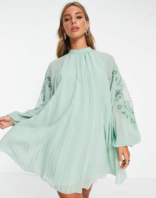 Asos Design Pleated Babydoll Mini Dress With Oversized Cutwork Sleeve In Pale Green