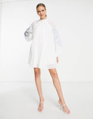 Asos Design Pleated Babydoll Mini Dress With Oversized Cutwork Sleeve In White