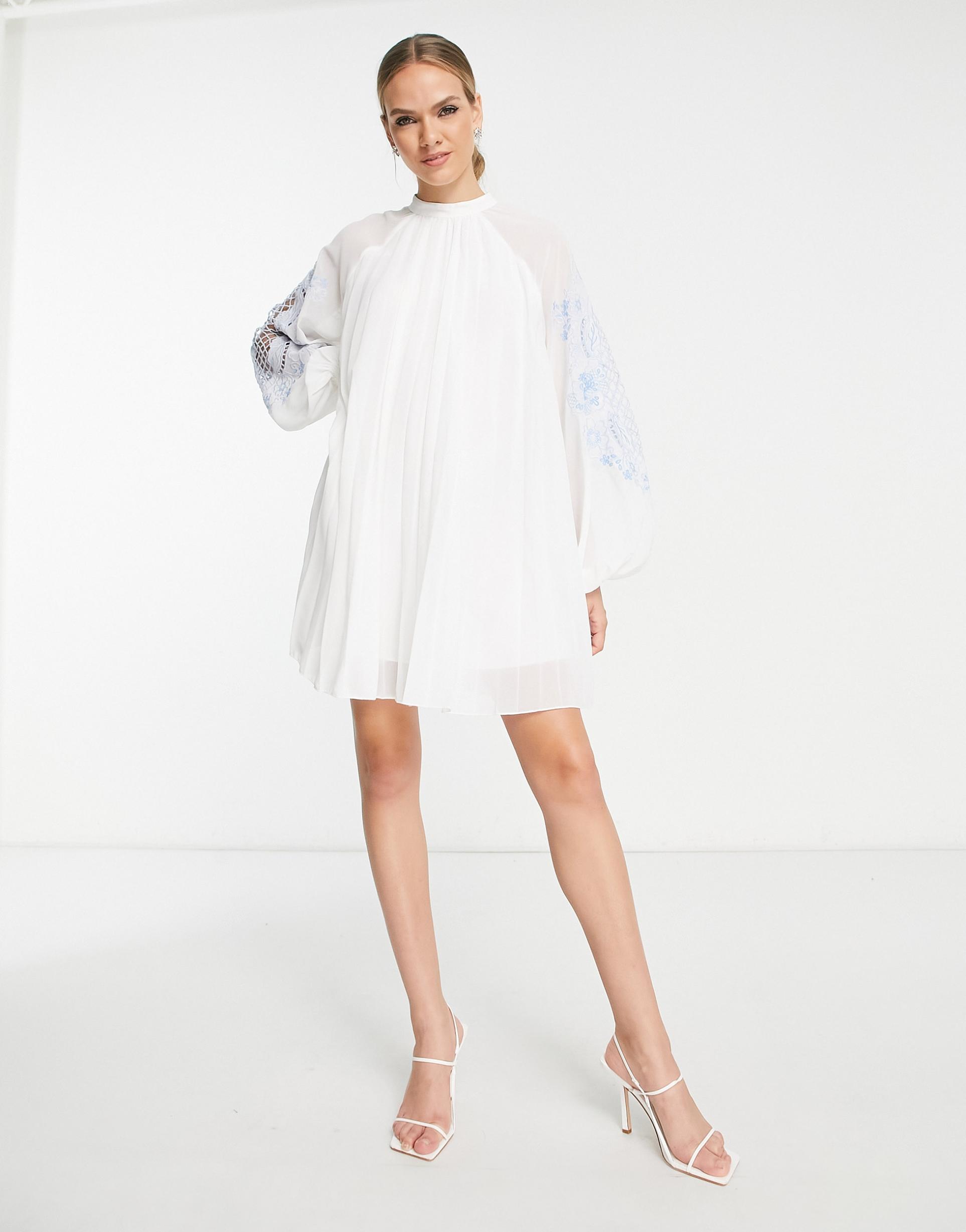 asos design pleated babydoll mini dress with oversized cutwork sleeve in white