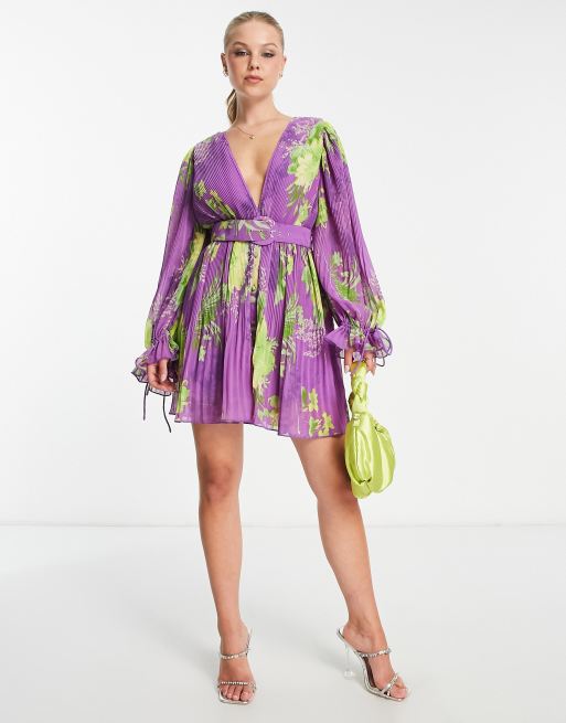 ASOS DESIGN pleated balloon sleeve mini dress with belt in purple