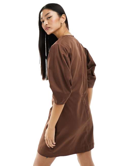 ASOS DESIGN pleated banana sleeve twill mini dress in chocolate, 3 of 4