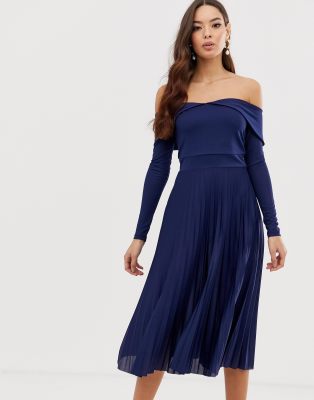 navy midi bardot dress