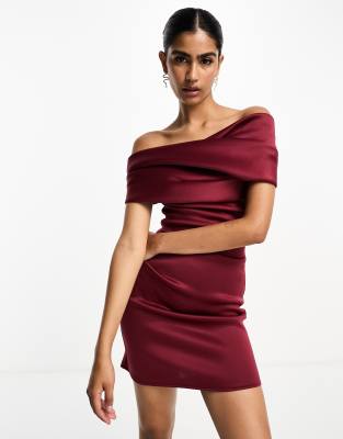 Asos Design Pleated Bardot Mini Dress In Wine-red