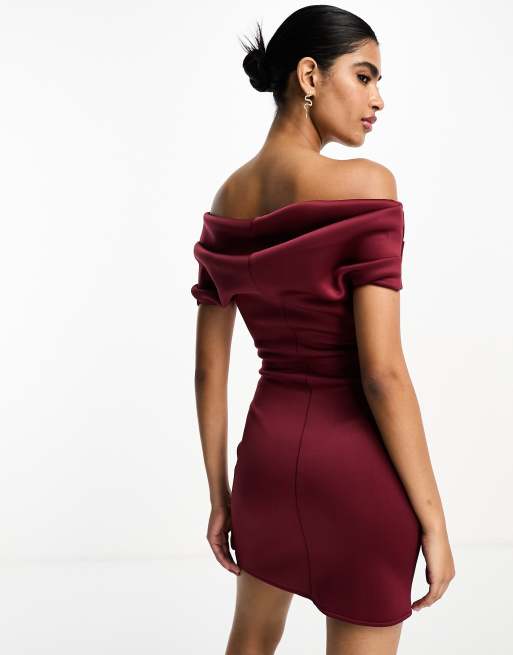 ASOS DESIGN pleated bardot mini dress in wine