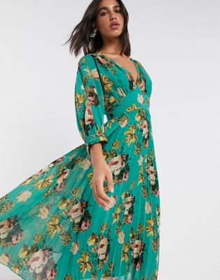 green floral midi dress with sleeves