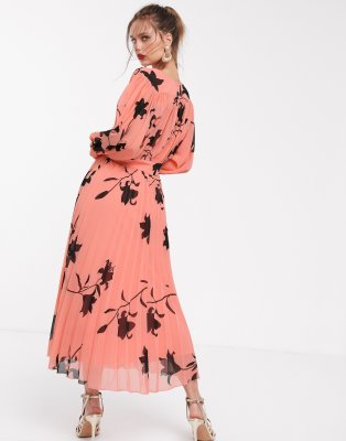 asos design pleated midi dress with batwing sleeves