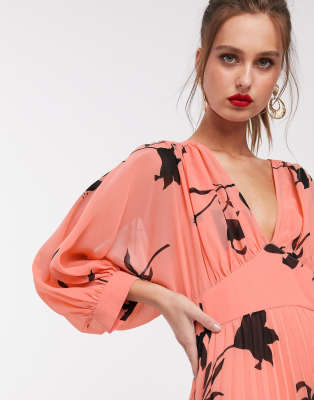 asos design pleated midi dress with batwing sleeves