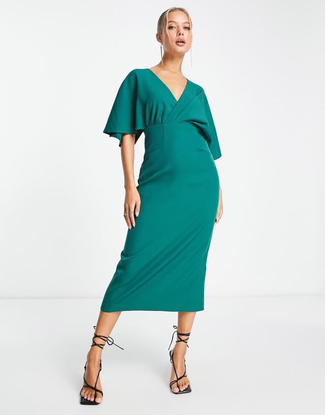 ASOS DESIGN pleated blouson midi dress in forest green