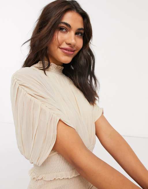 ASOS DESIGN pleated blouson mini dress wth shirred skirt in cream, 3 of 4