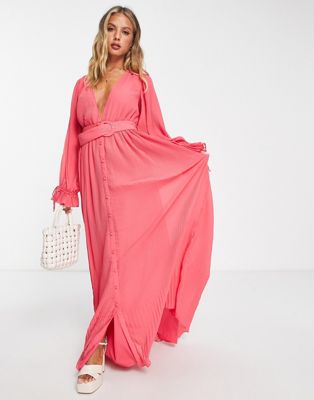Asos Design Pleated Blouson Sleeve Maxi Dress With Belt Detail In Pink