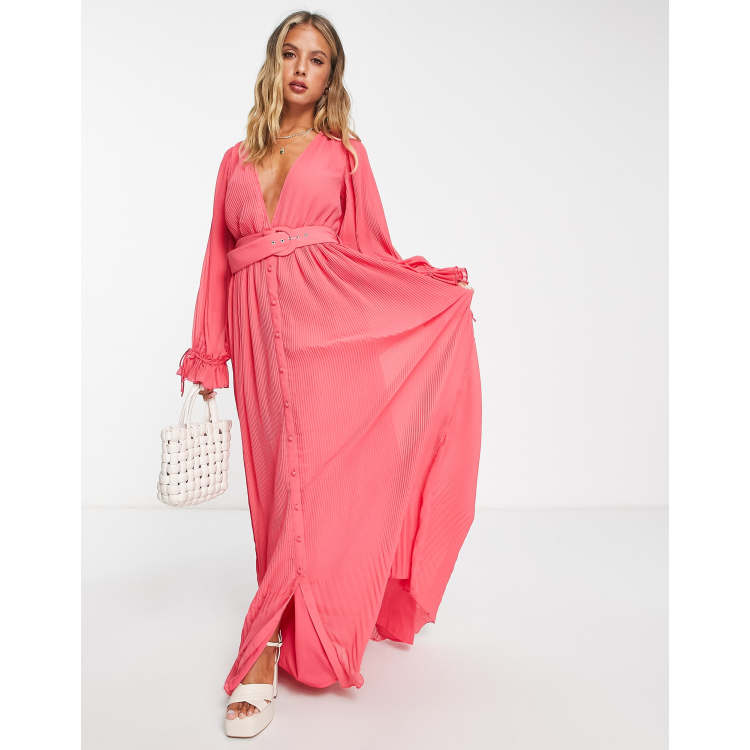 ASOS DESIGN pleated blouson sleeve maxi dress with belt detail in pink