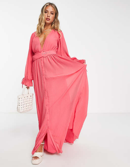 ASOS DESIGN pleated blouson sleeve maxi dress with belt detail in pink ...