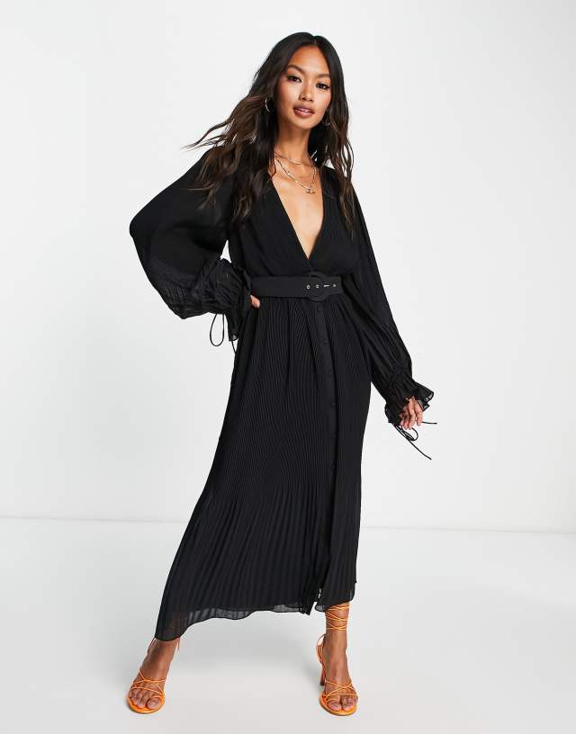 ASOS DESIGN pleated blouson sleeve midi dress with belt detail in black